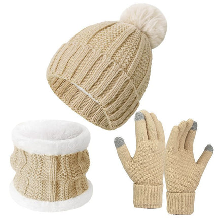 Warm Holiday Ski Essential Plush Lined Knitted Hat 3 Set Beige