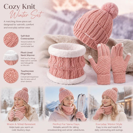 Sweet Ski Outing Gift Thick Warm Knit Hat 3 Pack Pink