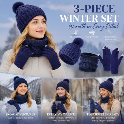 Premium Ski Travel Gift Fleece Lined Knit Hat 3 Set Navy
