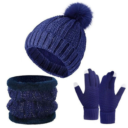 Premium Ski Travel Gift Fleece Lined Knit Hat 3 Set Navy