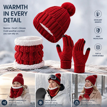 Heartfelt Snow Trip Companion Thick Knitted Hat 3 Pack Bright Red