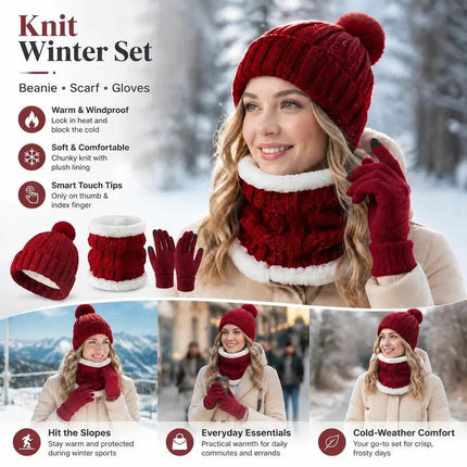 Cosy Winter Ski Surprise Plush Lined Knit Hat 3 Set Burgundy