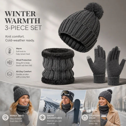 Reliable Cold Ski Present Insulated Thick Knit Hat 3 Pack Dark Grey