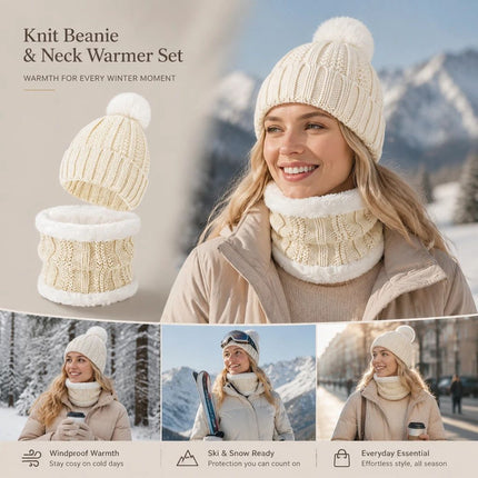 Nice Ski Trip Present Warm Insulated Knitted Hat 2 Set White