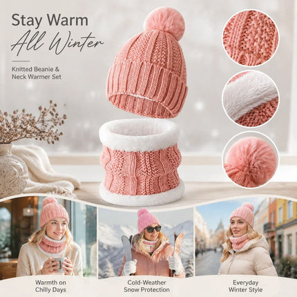 Cute Cold Ski Surprise Insulated Thick Knit Hat 2 Set Pink