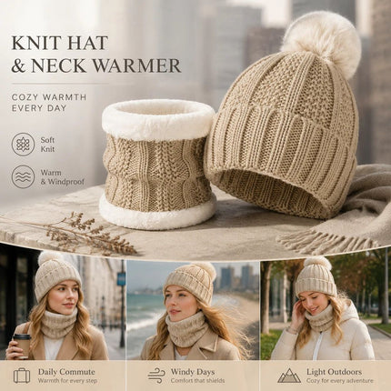 Comfortable Ski Travel Essential Fleece Lined Knit Hat 2 Pack Beige