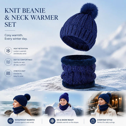 Durable Mountain Ski Gift Thick Knitted Hat 2 Set Navy
