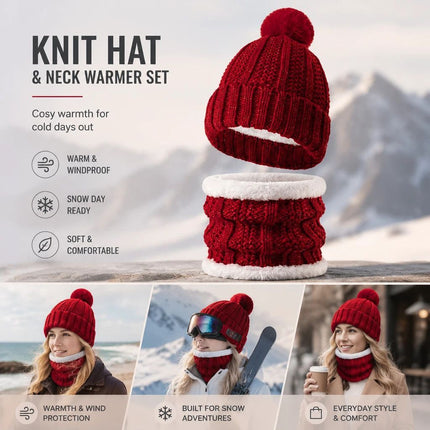Warm Winter Ski Present Insulated Knitted Hat 2 Set Burgundy