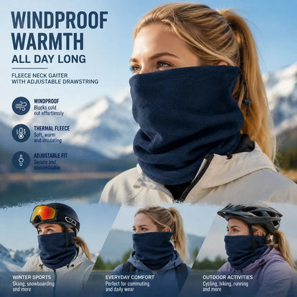 Cozy Snow Trip Essential Fleece Lined Drawstring Neck Gaiter, Navy
