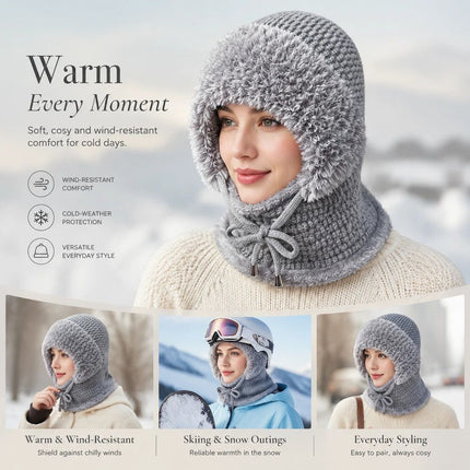 Multi-Use Fleece Knit Hat with Attached Neck Mask Grey One Size