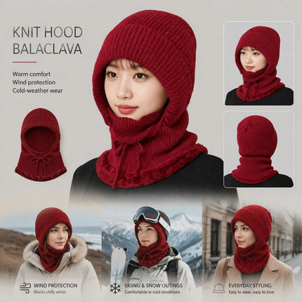 Snug Windproof Knitted All-In-One Hat Burgundy One Size