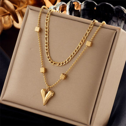 Plain Retro Stackable Dual Chain Necklace, Gentle Light Luxury Gold Coated Stainless Steel Ladies Accessory