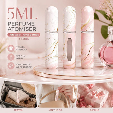 Premium Marble Print 5ml Refillable Perfume Atomiser, Bottom Filling Travel Sized Scent Bottles 3 Pack, Plain White