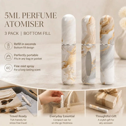 Elegant Marble Texture 5ml Travel Perfume Atomiser, Easy Refill Bottom Loading Scent Bottle 3 Pack, Grey