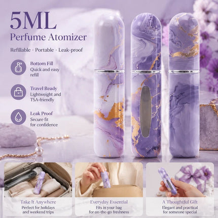 Chic Printed 5ml Mini Perfume Bottle, Bottom Fill Compact Holiday Fragrance Vessel 3 Pack, Purple