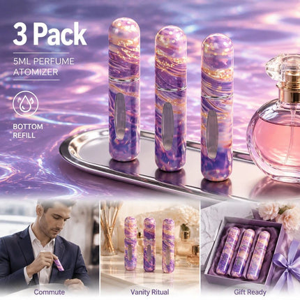 Shimmer Iridescent Tone 5ml Refillable Travel Perfume Atomiser, Bottom Filling Compact Pocket Scent Vessel 3 Pack, Iridescent Purple