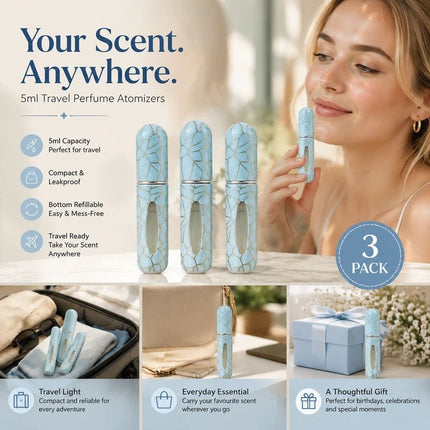Pale Blue Crackle Texture 5ml Refillable Travel Fragrance Bottle, Bottom Loading Easy Pocket Refill Vial 3 Pack, Light Blue Crackle
