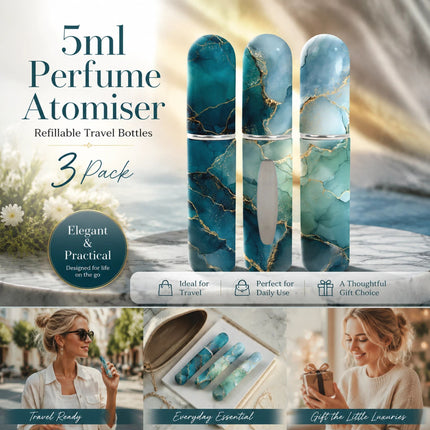 Natural Ocean Hue 5ml Portable Mini Fragrance Atomiser, Bottom Refill Compact Travel Pocket Vessel 3 Pack, Ocean Green