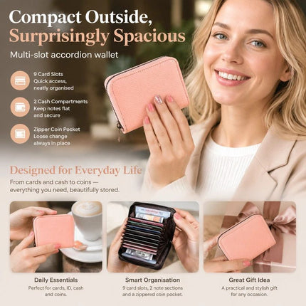 Convenient Compact Accordion Wallet, Casual Daily Sleeve For Driver Licence Small Coins, Sweet Practical Present, Pink Litchi Grain, 9 Card Slots & 2 Coin Pockets