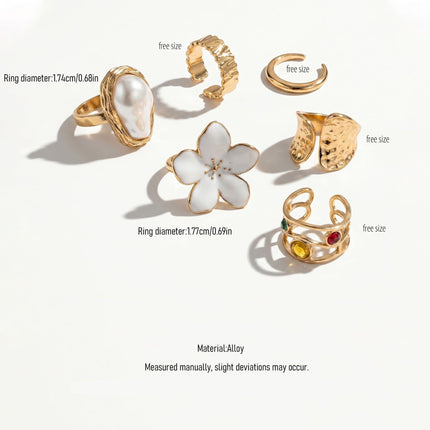 Distinct Molten Texture Flower Ring Kit, Minimal Faux Pearl Decorated Stacking Jewellery, Light Gold, 3 Pack