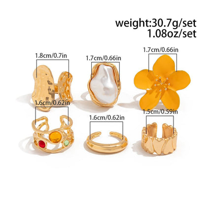 Distinct Molten Texture Flower Ring Kit, Minimal Faux Pearl Decorated Stacking Jewellery, Light Gold, 3 Pack