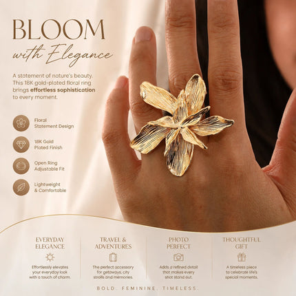 Minimalist Oversized Veined Lava Floral Single Open Ring, Retro Solid Matte Metal Flower Finger Ornament, Gold Floral