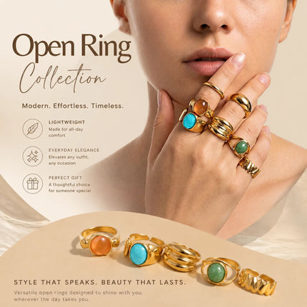 Handy Mixed Stone Lava Floral Ring Stack, Lightweight Multi-Slot Stackable Jewellery For Daily Wear, Light Gold, 7 Pack