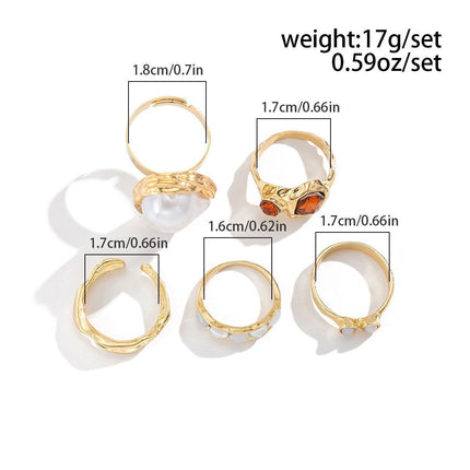 Handy Mixed Stone Lava Floral Ring Stack, Lightweight Multi-Slot Stackable Jewellery For Daily Wear, Light Gold, 7 Pack