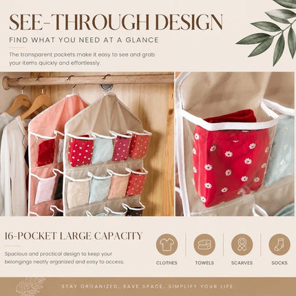 See-Through 16 Grid Hanging Storage Caddy, Separate Organiser Pouch For Socks Underwear, Rose Red