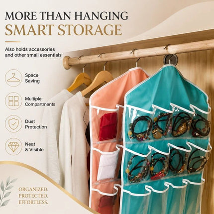 See-Through 16 Grid Hanging Storage Caddy, Separate Organiser Pouch For Socks Underwear, Rose Red