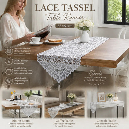 Knitted Lace Tassel Table Runner (13*36in)