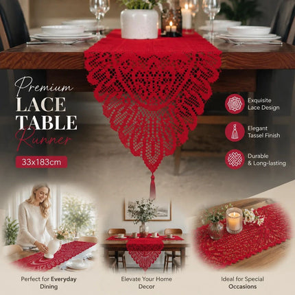 Eye-Catching Long Warp Knit Lace Table Flag With Tassels, Banquet Home Table Decoration, Red, 33*183cm (13*72in)