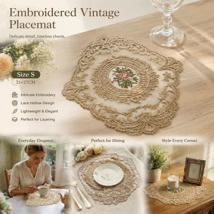 Antique Lace Trim Embroidered Placemat, Camel