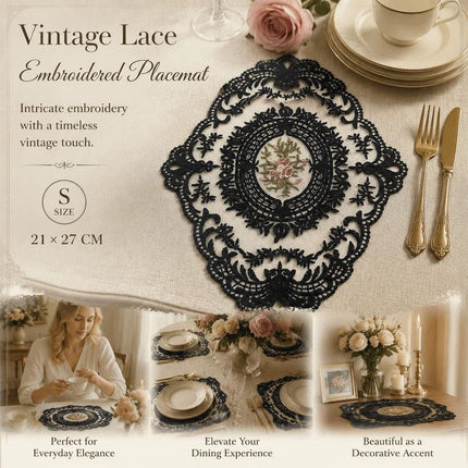 Minimal Retro Embroidered Lace Placemat, Black