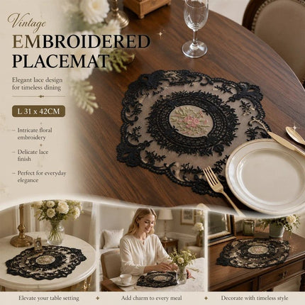 Chic Ornate Lace Border Table Placemat, Black