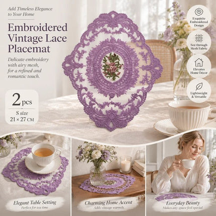 Vintage Lace Embroidered Placemat Set, Purple