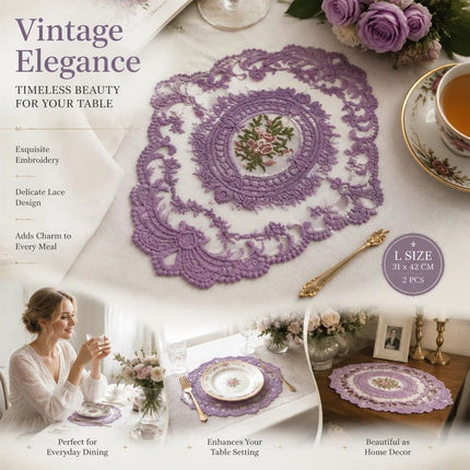 Ornate Border Stitched Table Placemat Combo, Purple