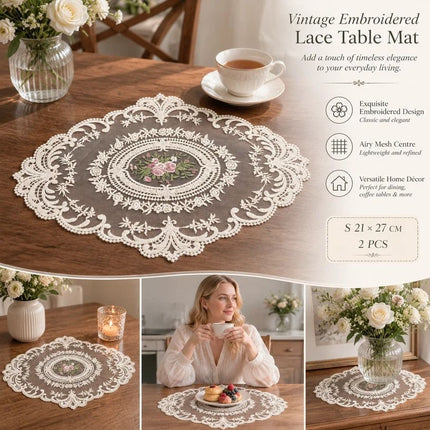 Classic Embroidered Lace Edge Placemat Set, Apricot Off White