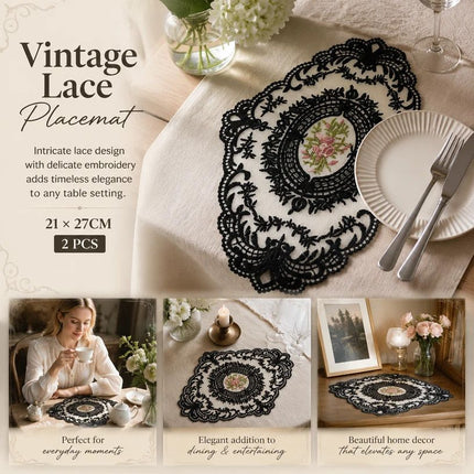 Minimal Retro Embroidered Lace Placemat Set, Black