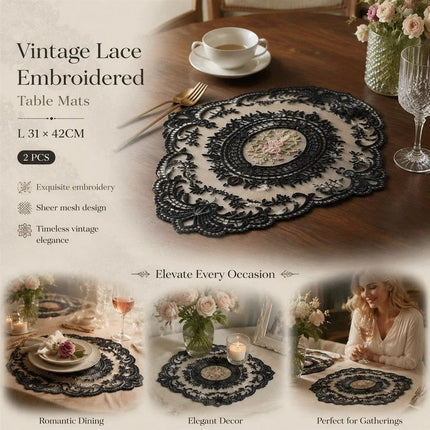 Chic Ornate Lace Border Table Placemat Combo, Black