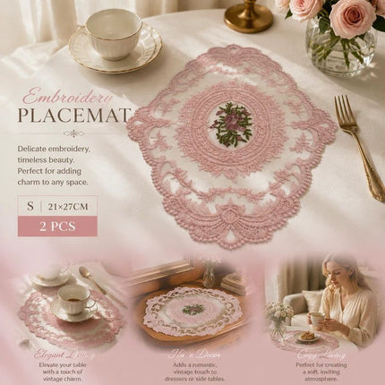 Romantic Floral Embroidery Placemat Set, Pink