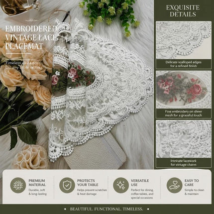 Pure White Retro Embroidered Placemat Set, Size S 21*27CM