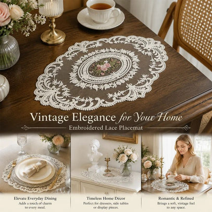 Elegant Antique Stitched Border Table Mat Combo, White, Size L 31*42CM, 2 Pcs