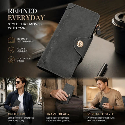 Monochrome Integrated Long Men Billfold, Magnetic Closure Multi-Compartment Hand Clutch, Stylish Casual Present, Grey