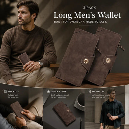 Retro All-Solid Long Men Hand Wallet 2 Pcs Set, Magnetic Portable Multi-Slot Billfold, Exquisite Daily Gift Pack, Coffee