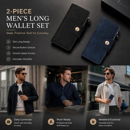 Two-Tone Solid Long Men Wallet 2 Pcs Set, Magnetic Multi-Card Hand Clutch, Portable Daily Money Clip, Versatile Gifting Choice, Black & Blue