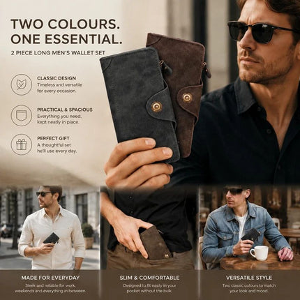 Dual Color Retro Long Men Billfold 2 Pcs Set, Magnetic Portable Hand Wallet, Exquisite Casual Present Bundle, Grey & Coffee