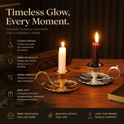 Antique Hand Held Candle Stand With Tray 3 Pcs Pack, Soft Romantic Table Furnishing, Exclusive Housewarming Gift, Bronze