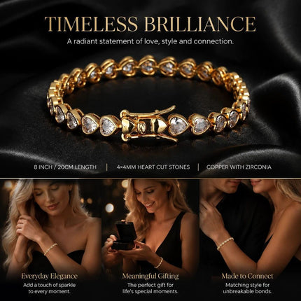 4*4mm Heart Packed Tennis Link Bracelet, Copper CZ Single Row Hip Hop Bangle, Couple Festival Present, 8 Inch 20cm Gold Tone