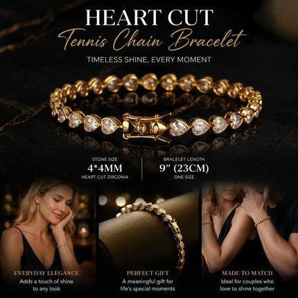4*4mm Heart Bezel Tennis Bracelet, Copper Single Row Zircon Hip Hop Jewelry, Sweet Couple Holiday Gift, 9 Inch 23cm Gold Tone